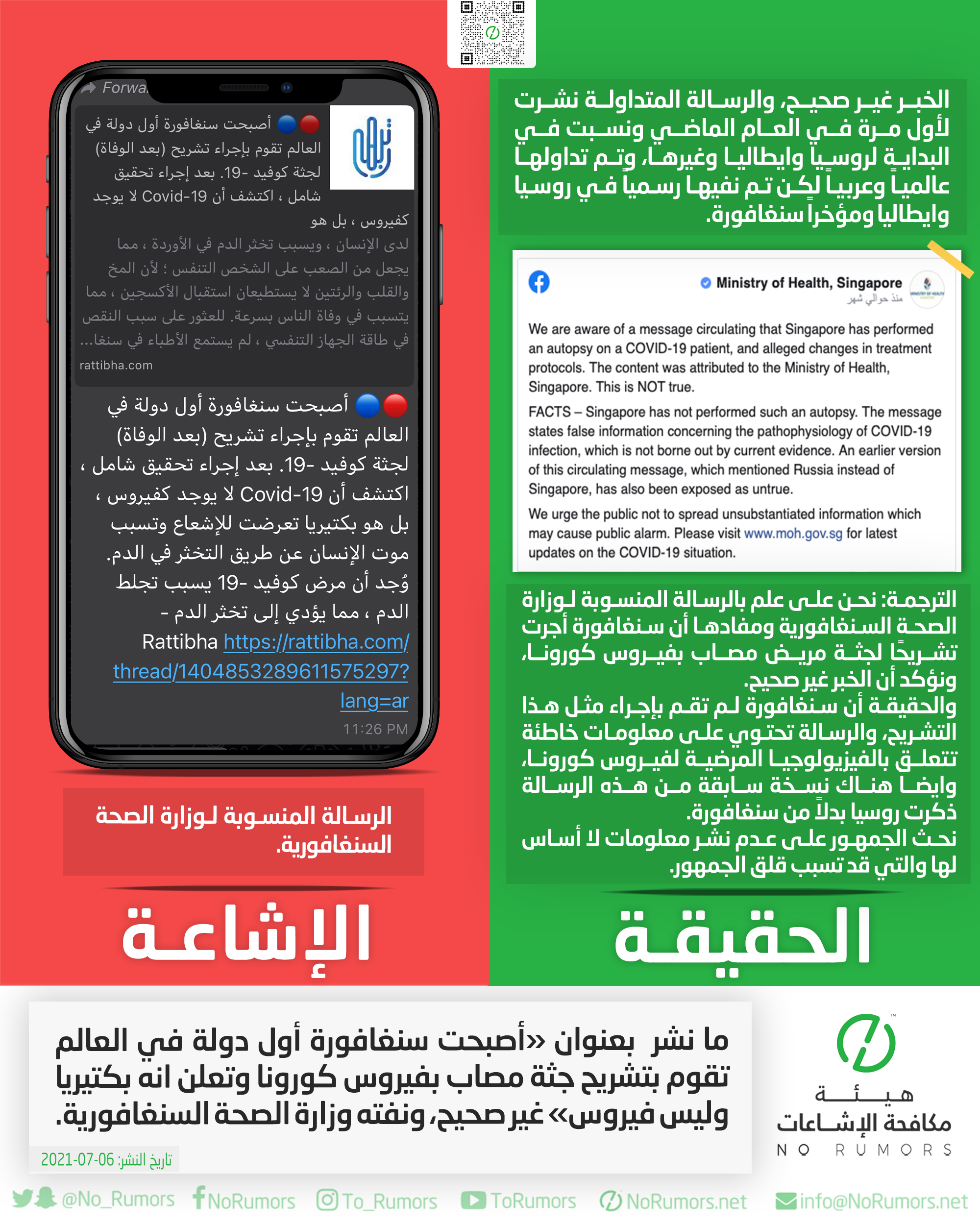 حقيقة ما نشر  بعنوان «أصبحت سنغافورة أول دولة في العالم تقوم بتشريح جثة مصاب بفيروس كورونا وتعلن انه بكتيريا وليس فيروس»