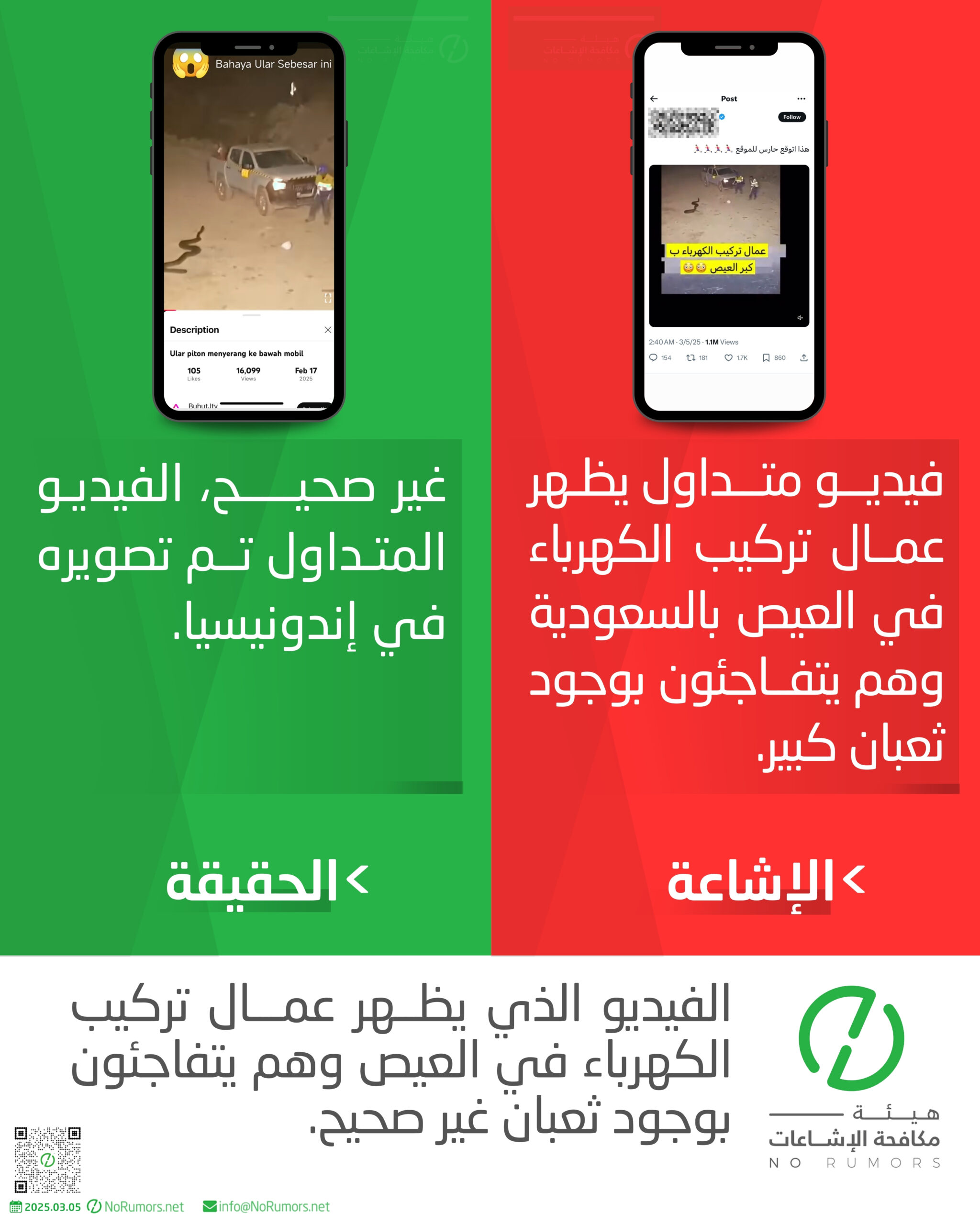 حقيقة الفيديو الذي يظهر عمال تركيب الكهرباء في العيص وهم يتفاجئون بوجود ثعبان